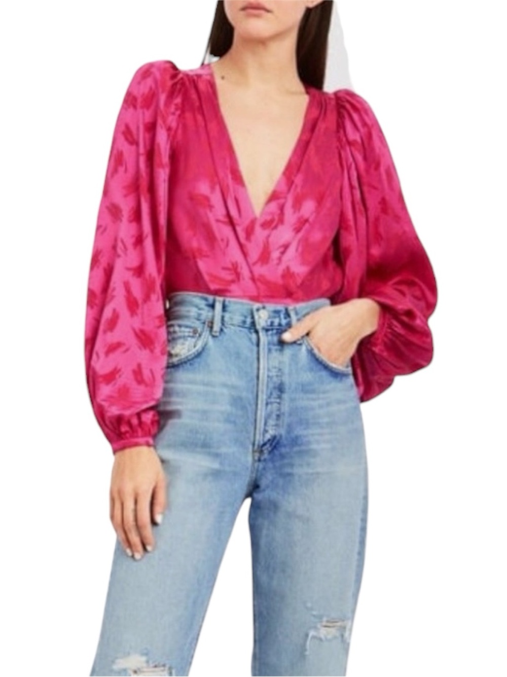 Ronny Kobo Hot Pink Silk Puffsleeve Blouse Size Small